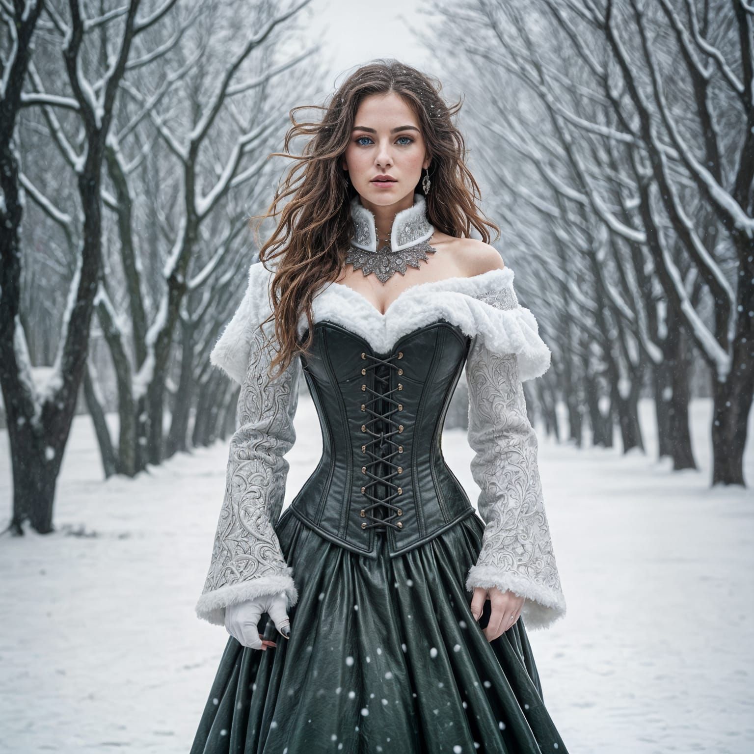 Woman in Leather Corset Stepping from Darkness into Snow