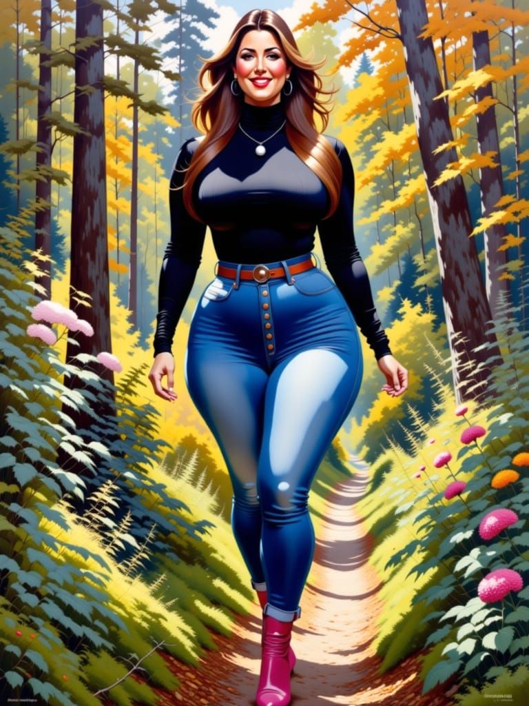 Enticing Woman in Garden, Oil and Ink Painting