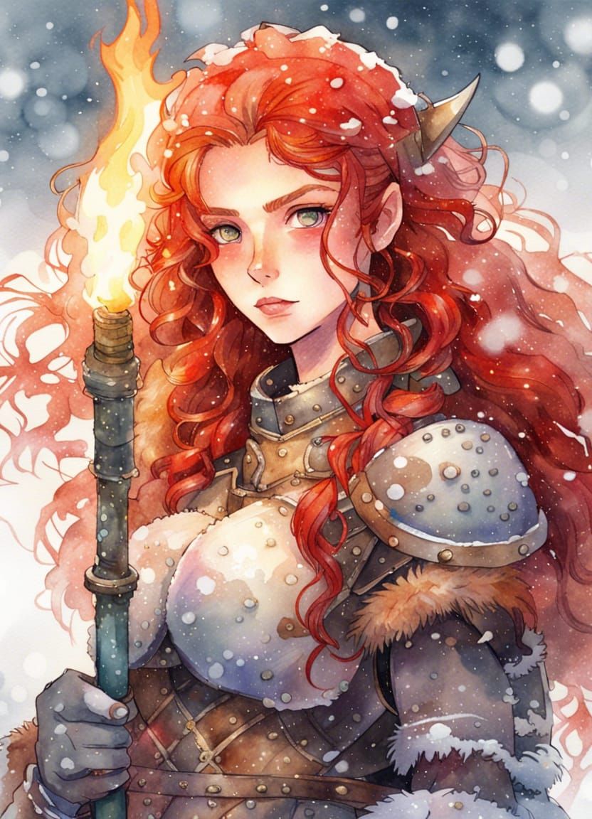 Viking Girl in Snow with Fire Torch