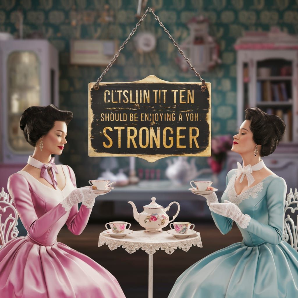 Elegant Women in Vintage Tearoom with Witty Sign