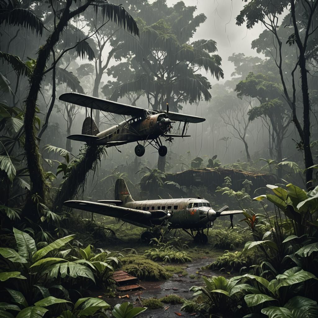 Abandoned Airplane in Dark Rainy Jungle Scene