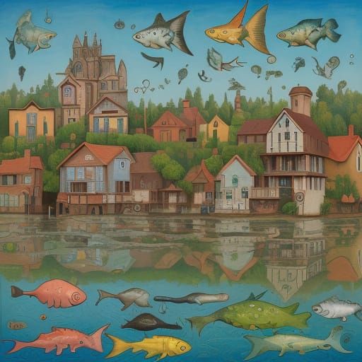 Surrealist Oil Painting of Houses and Catfish with Faces