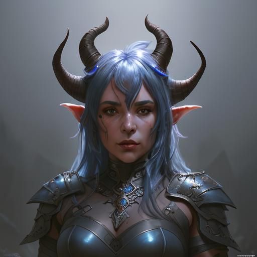 Blue Tiefling Barbarian in Scale Mail Armor