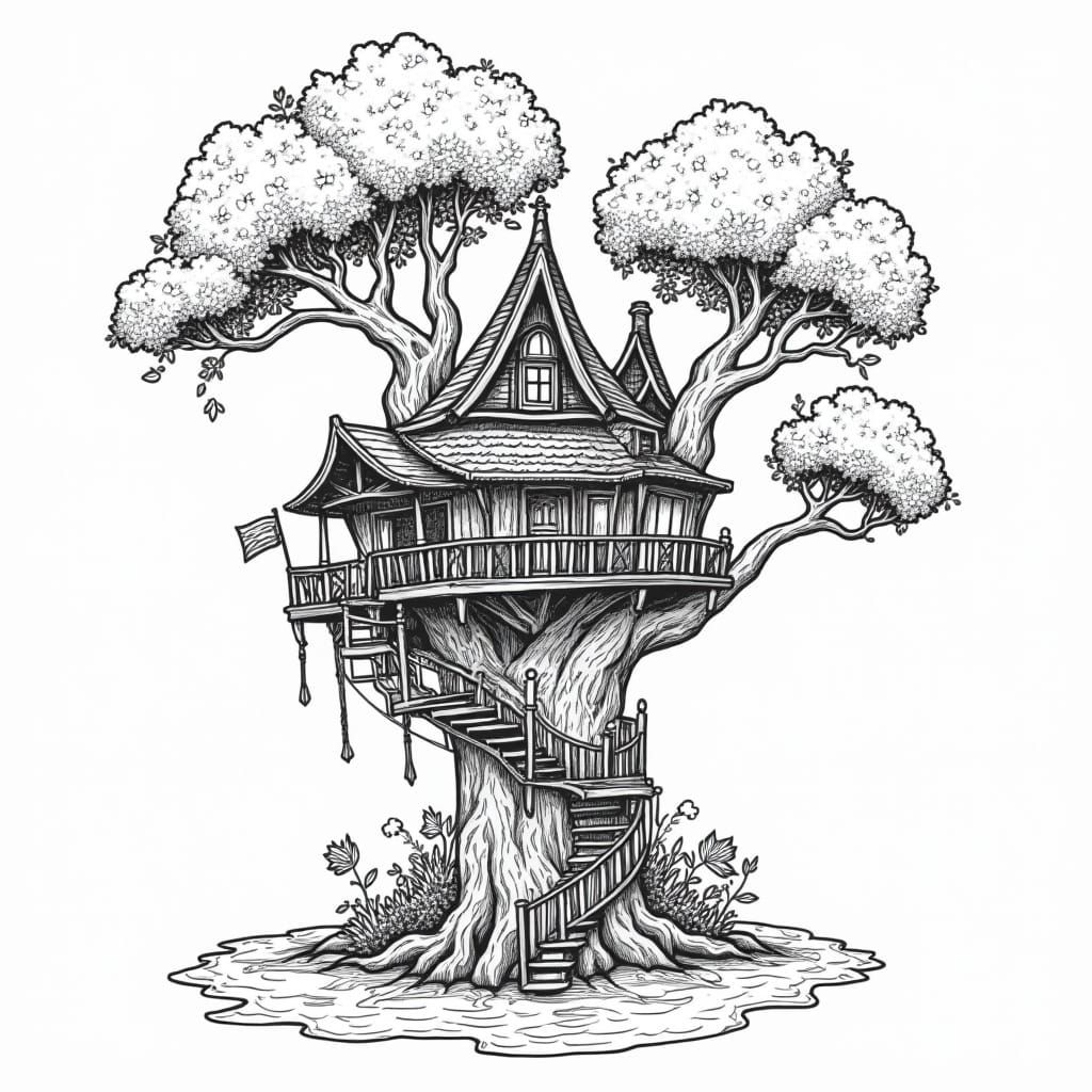 Whimsical Water Treehouse Outline in Black and White
