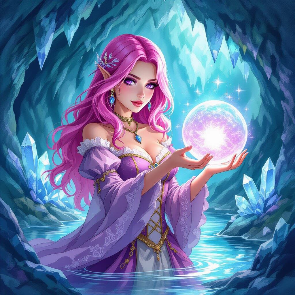 Pink-Haired Sorceress in Crystal Cave, Watercolor Style