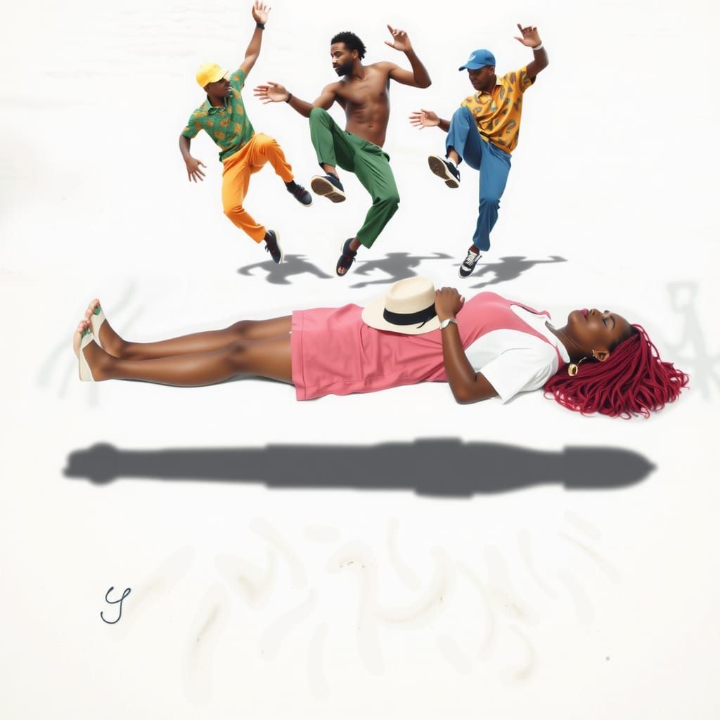 Woman with Straw Hat and Floating Men on White Sand