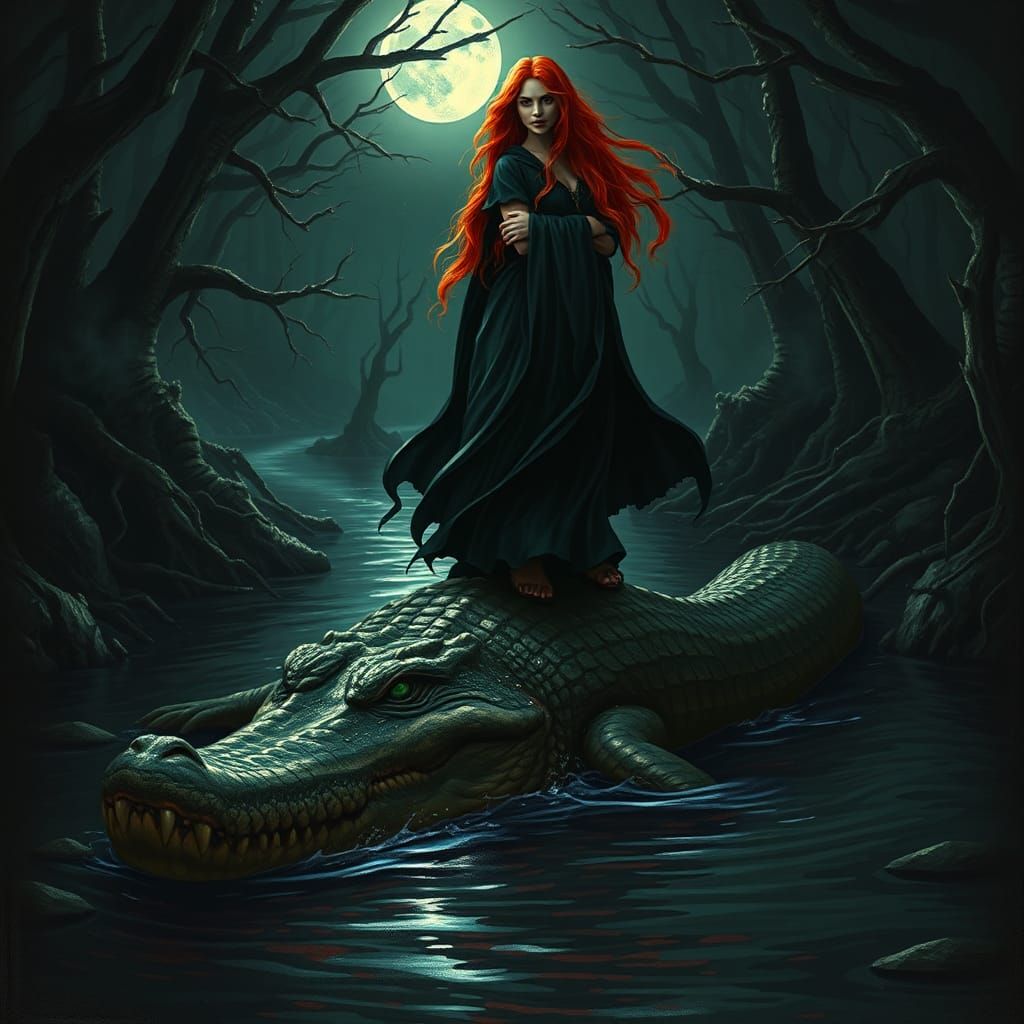 Witch on Crocodile in Dark Creek, Graffiti Art
