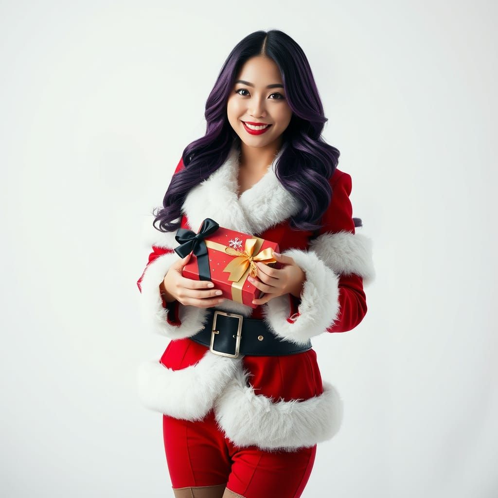 Hyperrealistic Portrait of a Young Asian Woman in Crimson Sa...