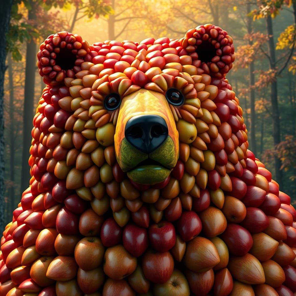 Fruit Bear Sculpture in Lush Forest