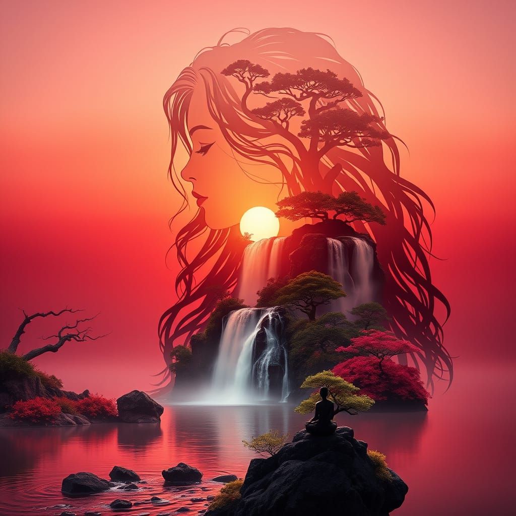 Woman Meditating by Waterfall Landscape at Red Sunset