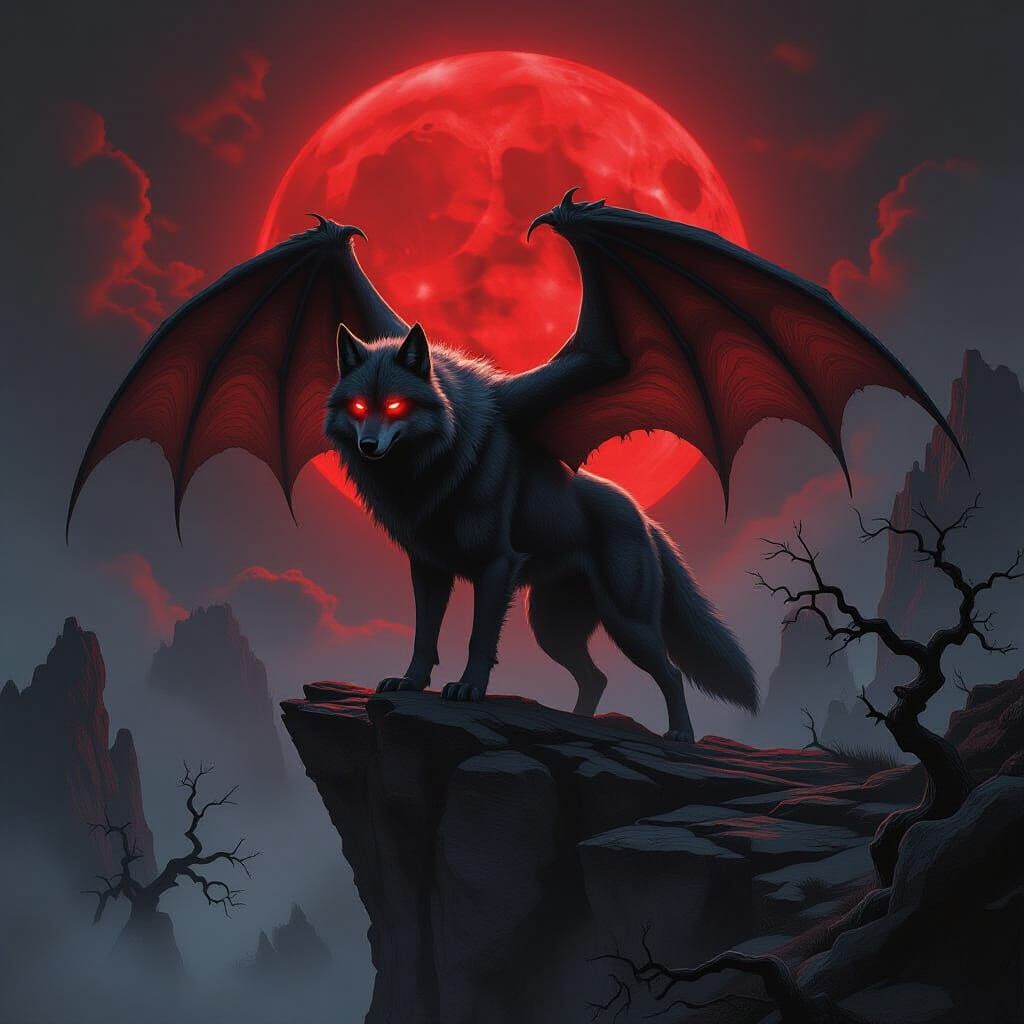 Dragon-Winged Wolf Under Blood Moon, in Dark Fantasy Style