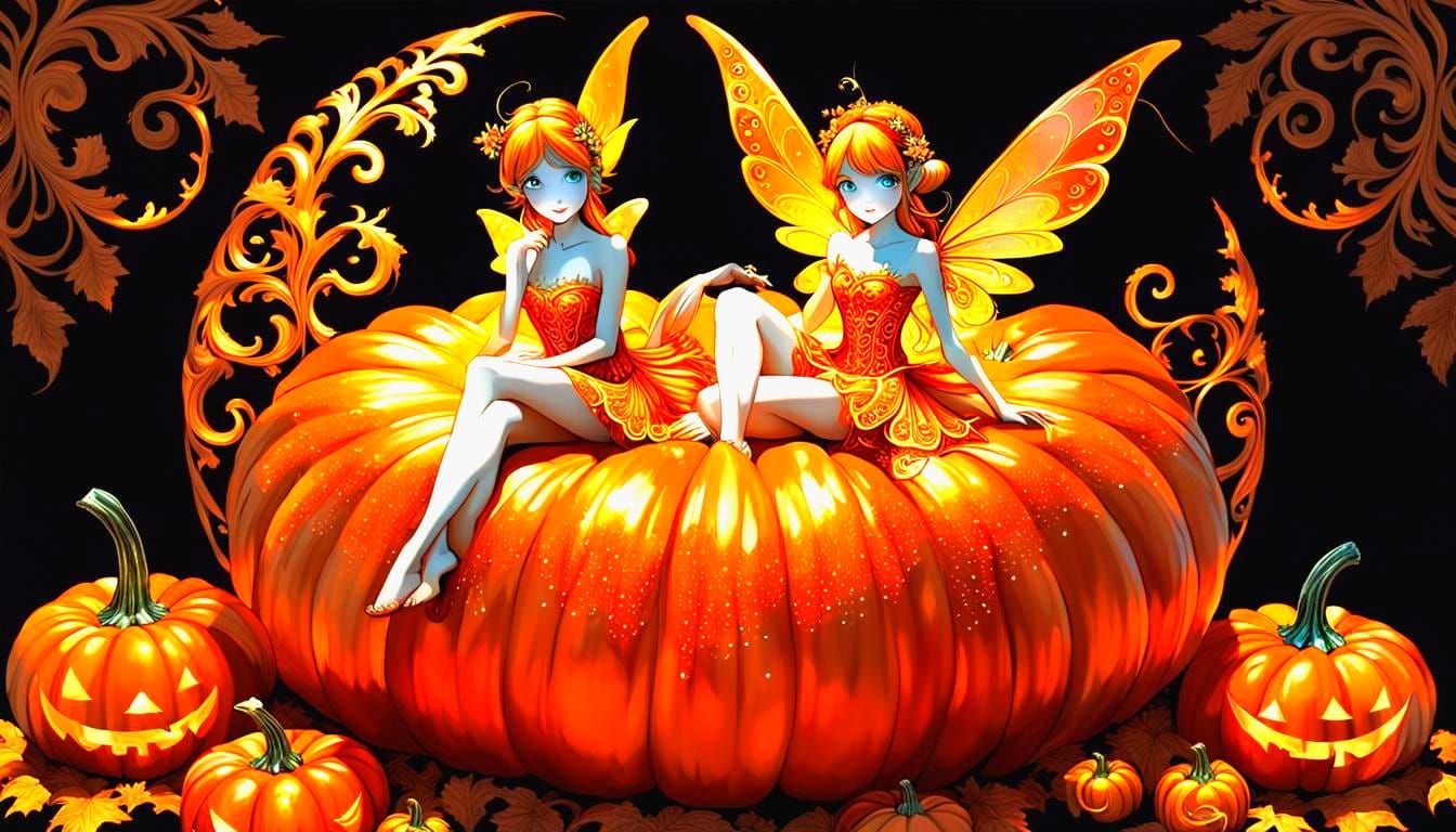 Shimmering Orange Fairy on Fractal Pumpkin Design