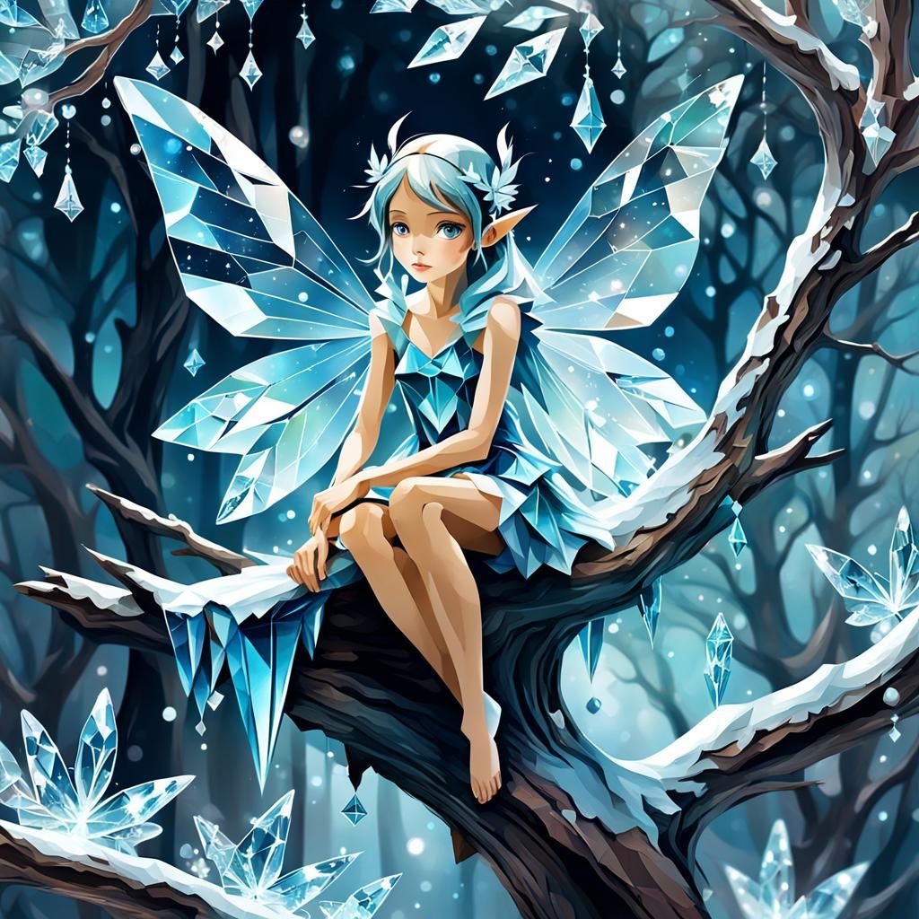 Crystalline Fairy on Branch: Abstract Digital Art