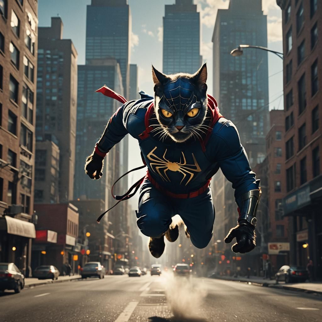 Spider-Cat Swings Through Noir Cityscape