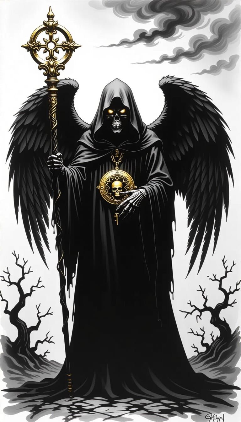 Charcoal Drawing of Winged Figure with Ornate Staff