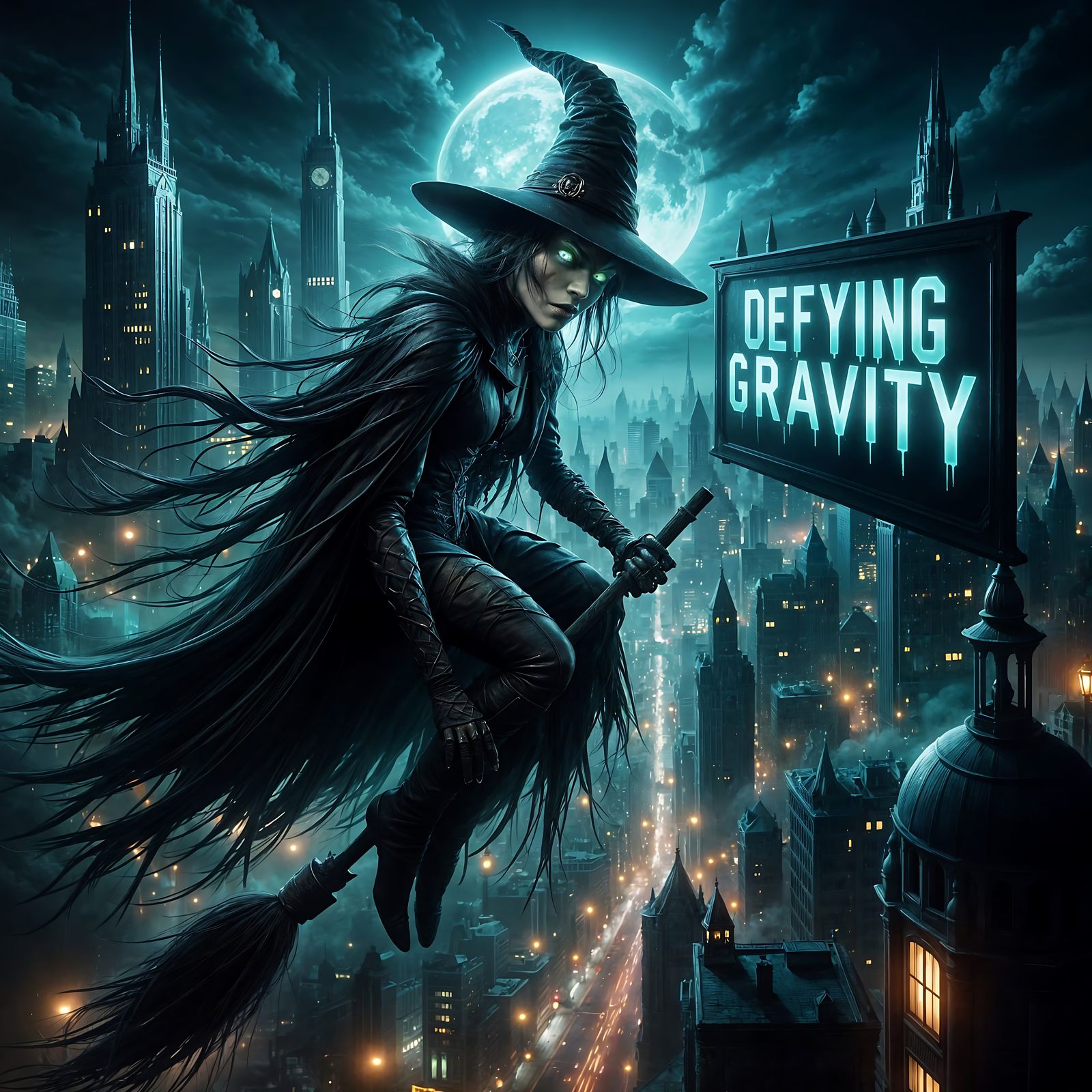 Wicked Witch Rides Broom Through City at Night