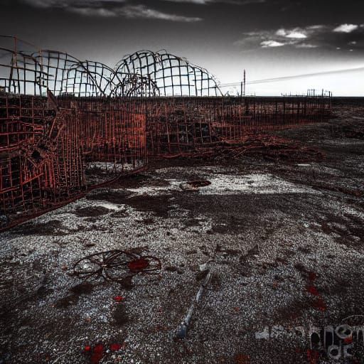 Post-Apocalyptic Landscape with Rusted Towers and Glass Sphe...