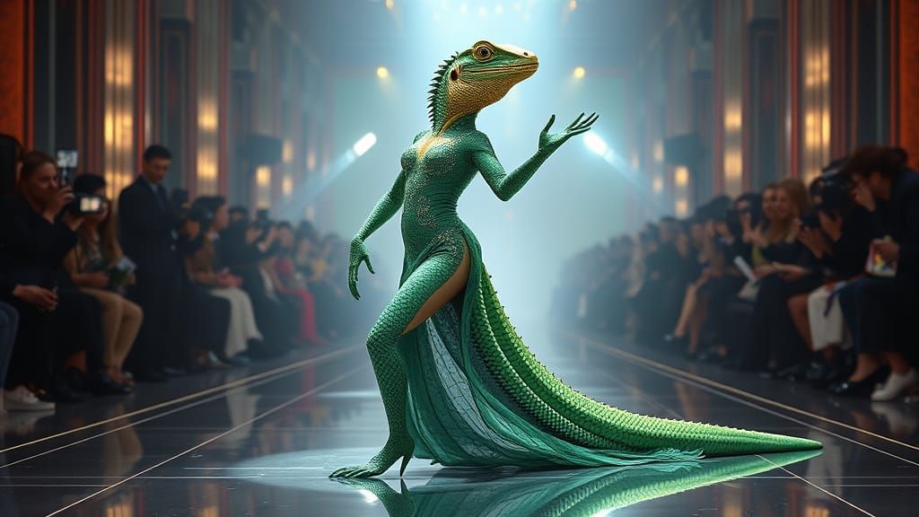 Majestic Lizard Struts Down Catwalk in Emerald-Green Evening...