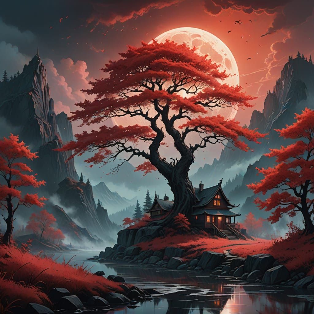 Ethereal Crimson Maple Tree under Misty Moonlight in Dreamli...