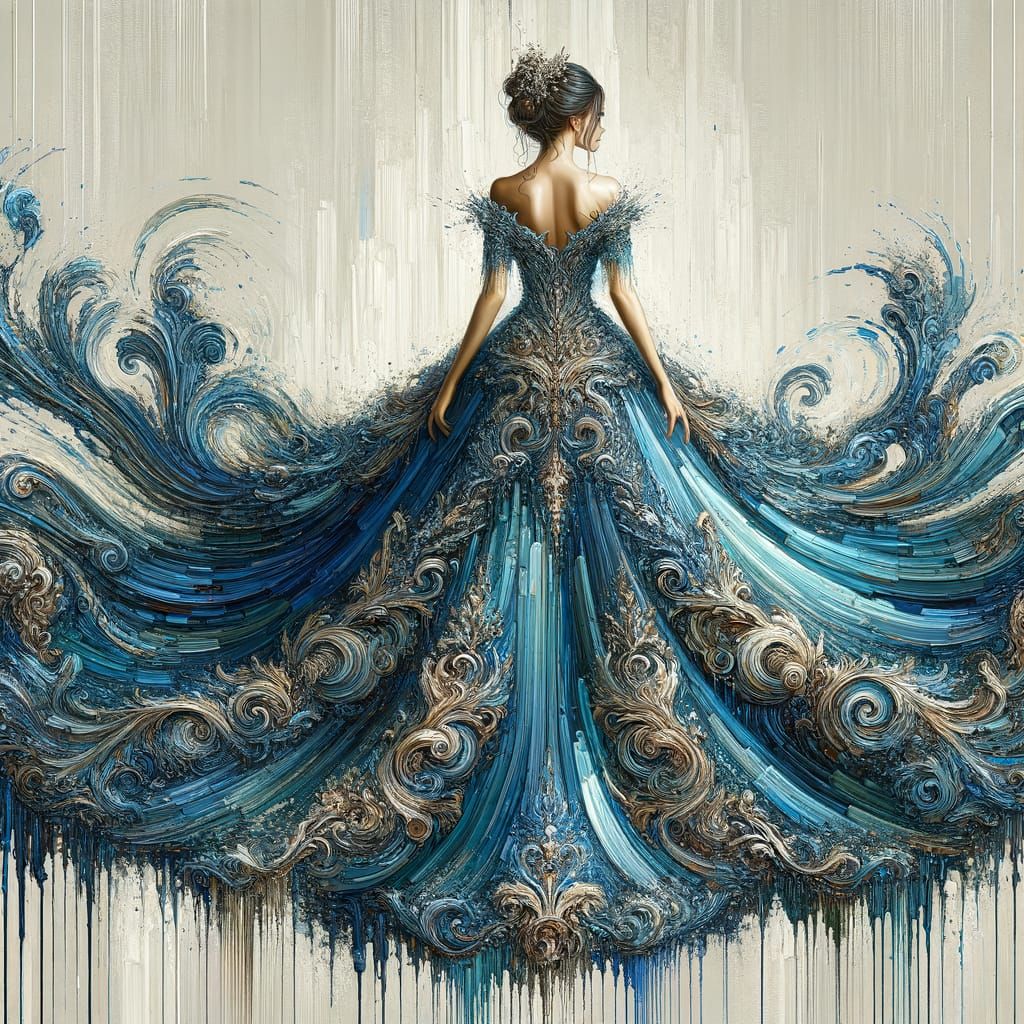 Woman in Extravagant Blue Gown: Oil Painting