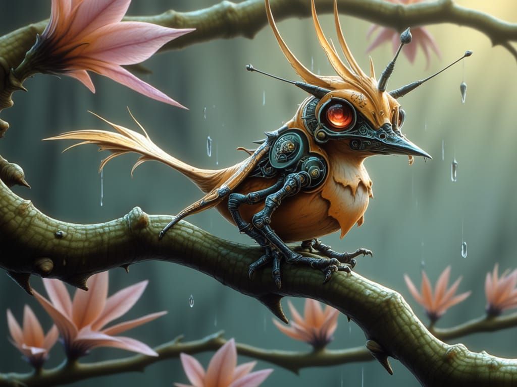 A Steampunk Bird Sits on a Sakura Branch in a Futuristic Lan...