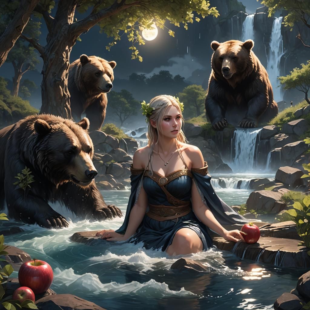Viking Woman Bathes Under Moonlit Waterfall