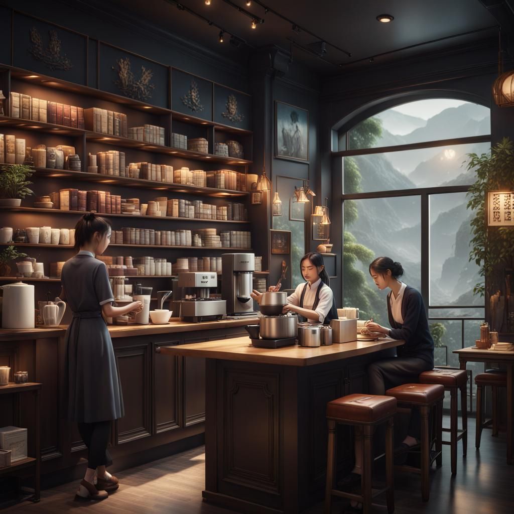 Taiwan Coffee Shop With Books: Fantasy Concept Art