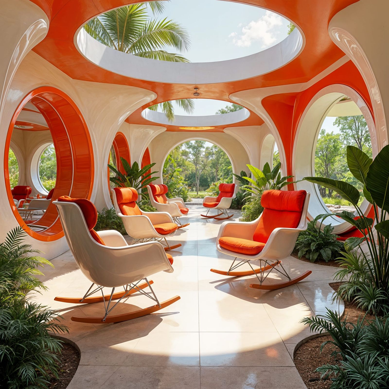 Retrofuturistic Rocking Chairs in Vibrant Garden