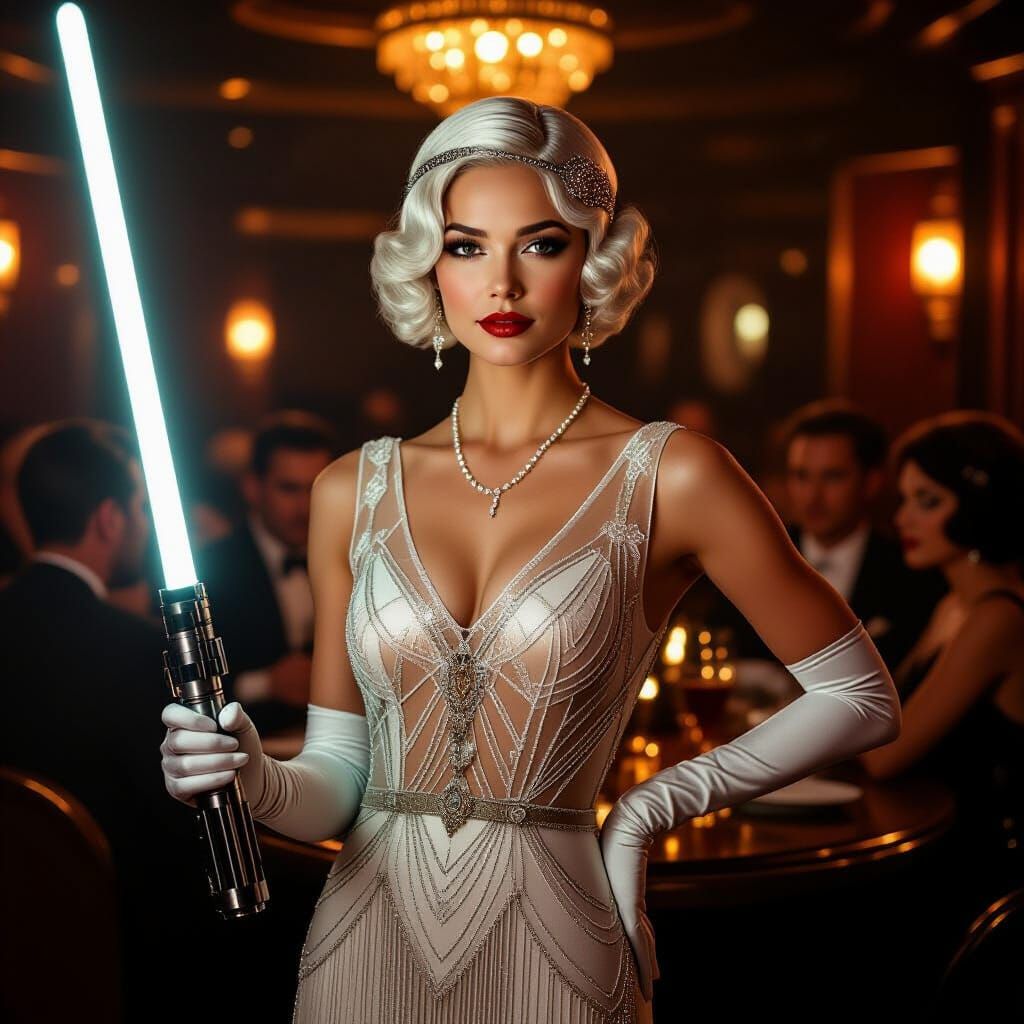 Elegant Woman with Lightsaber in Art Deco Club