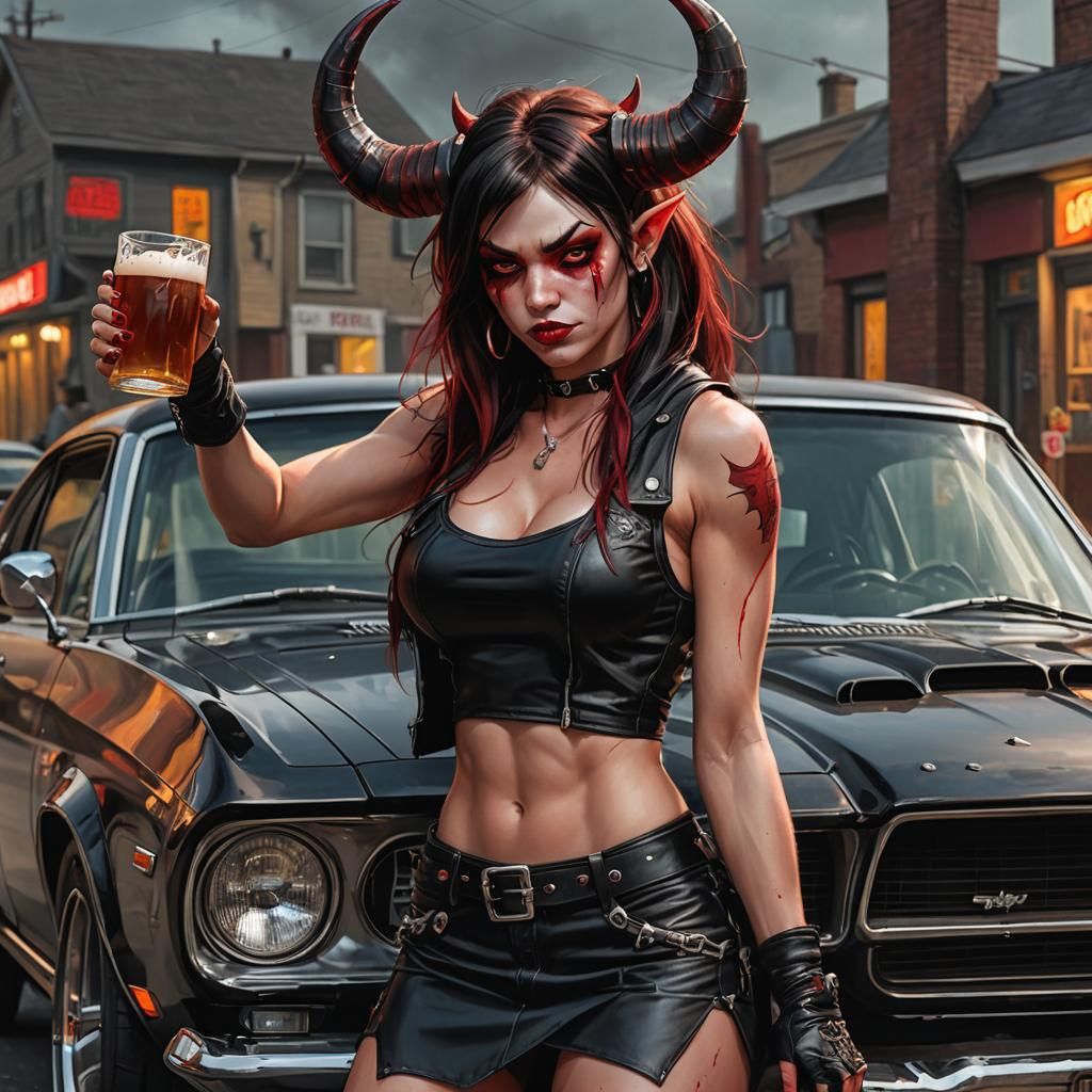 Demon Girl with Leather Outfit and Muscle Car