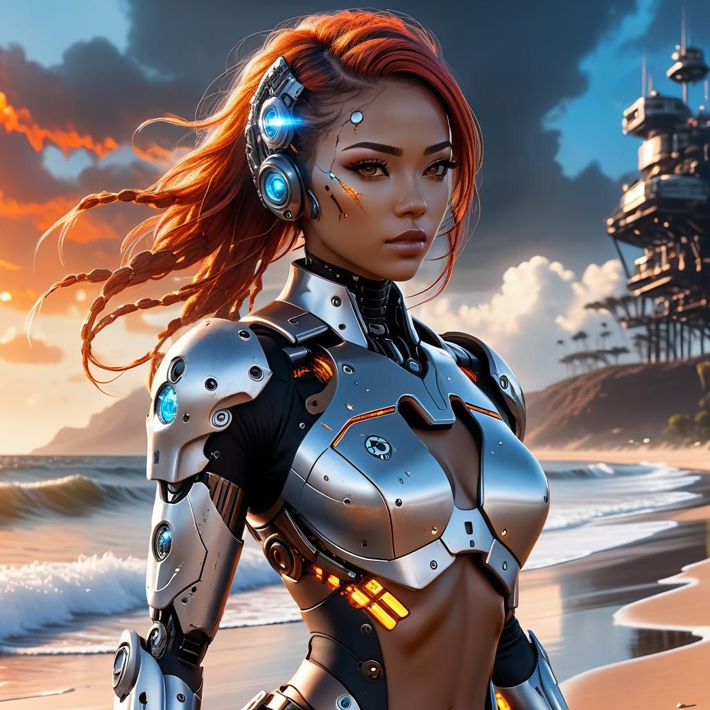 Cyborg Girl on Beach with Fiery Sky