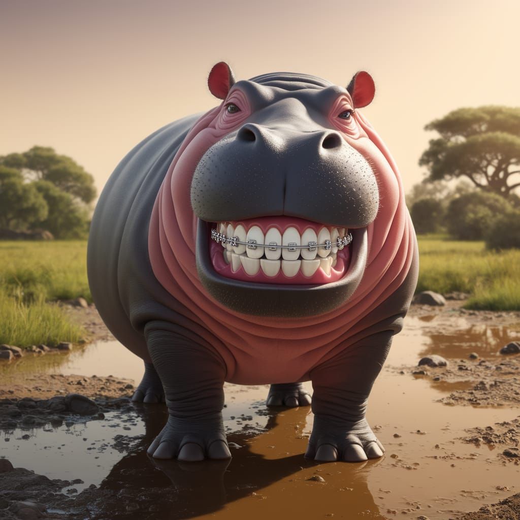 Surreal Hippopotamus Plays in Savannah Swamp with Contrastin...