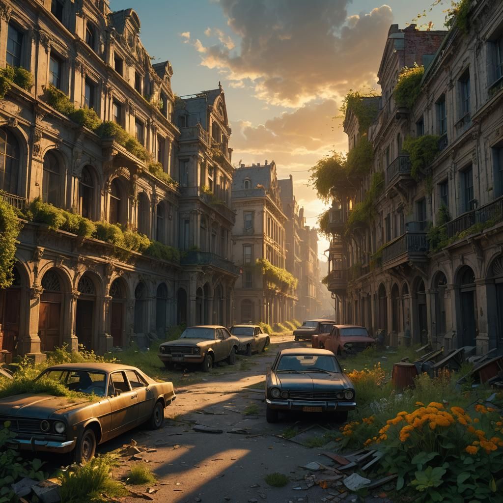Eerie Abandoned Cityscape in Vibrant Colors