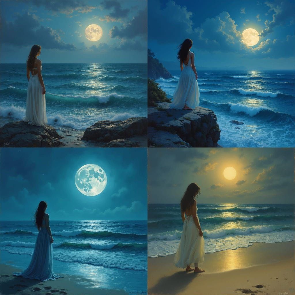 Full Moon Over Calm Ocean: Oil Painting