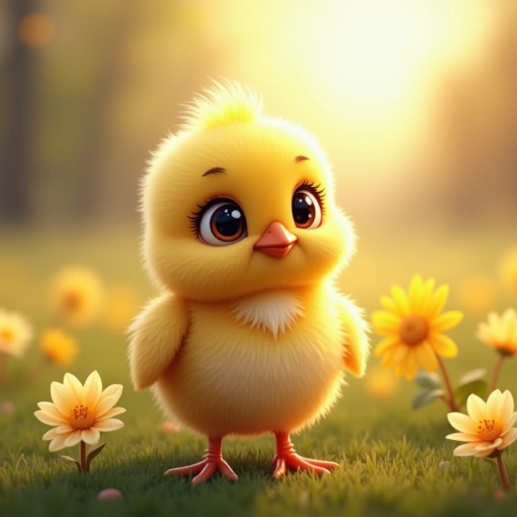 Adorable Chick in a Vibrant Flower Meadow