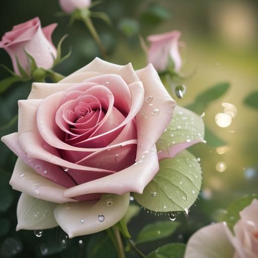 Rain-Kissed Pastel Roses in Hyperrealistic Garden