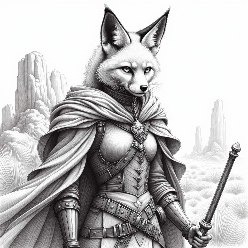 Fennec Fox Warrior in Charcoal Pencil Style