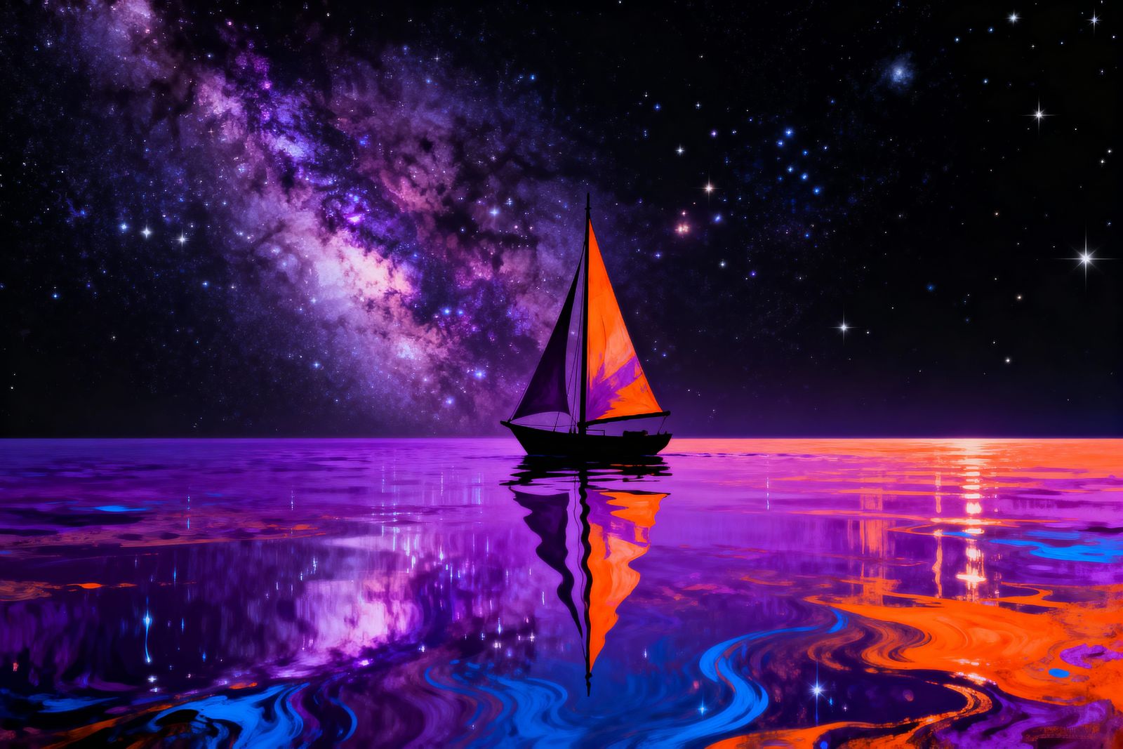 Sailboat on Mirror Sea Under Starry Galaxy Sky