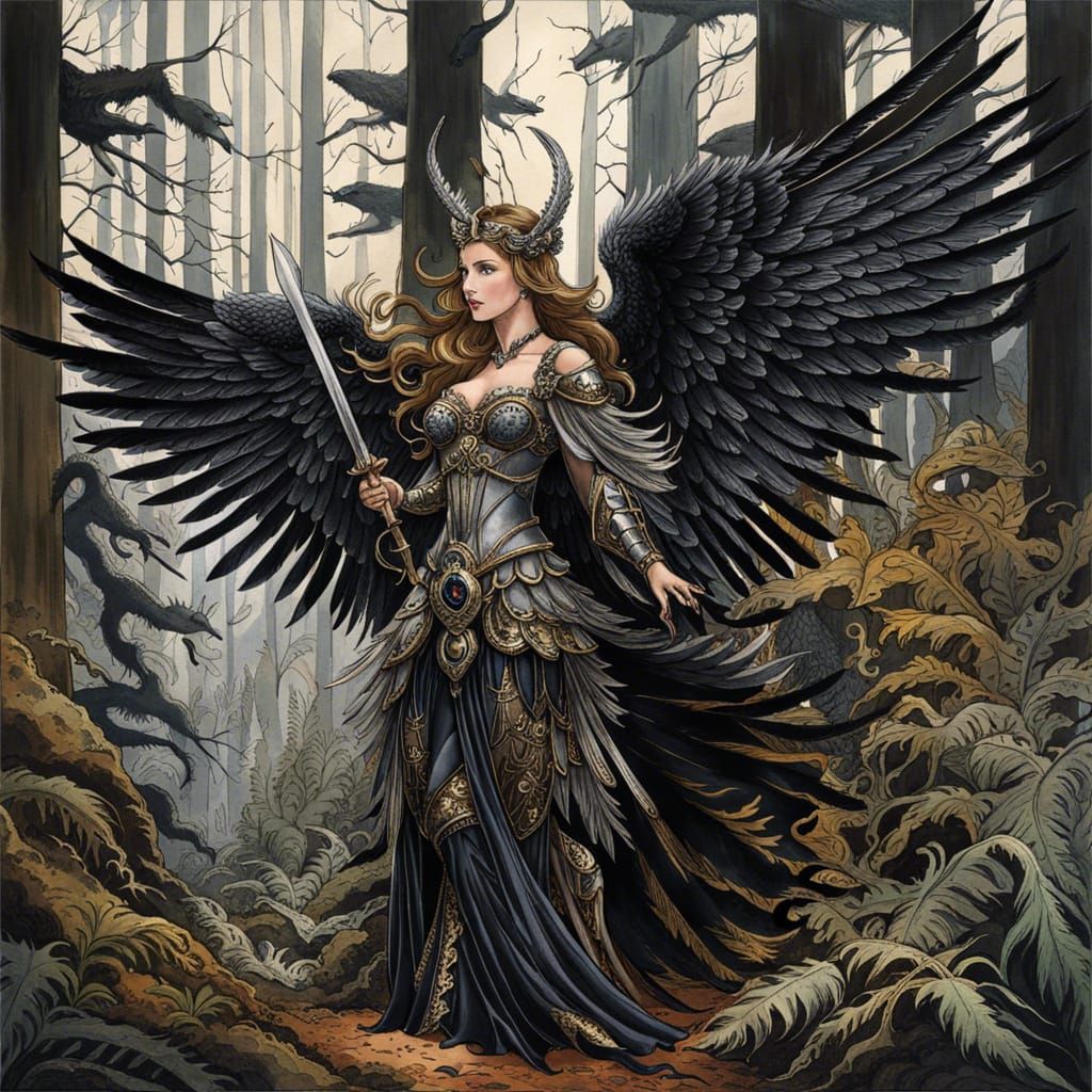 Angel Warrior in Demonic Forest: Steampunk Illustration