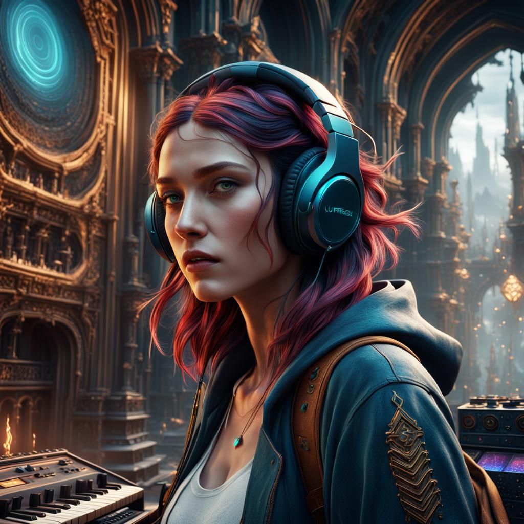 Girl Listening to Music in Detailed Digital Art