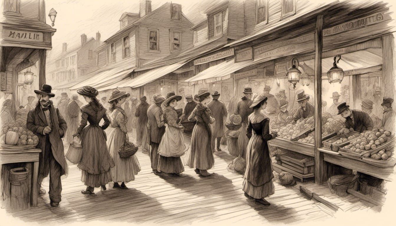 Whimsical Autumn Market Scene in the Style of Charles Dana G...