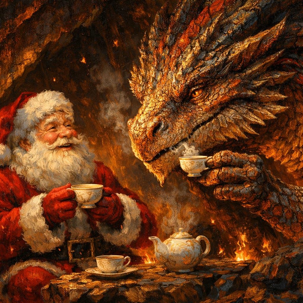 Santa Claus Shares Tea With Dragon in Fiery Lair