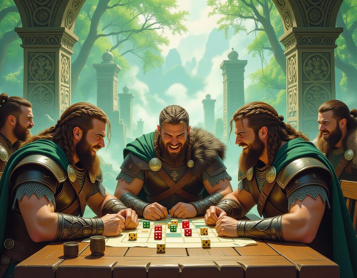 Celtic Warriors' Dice Game in Art Nouveau Style