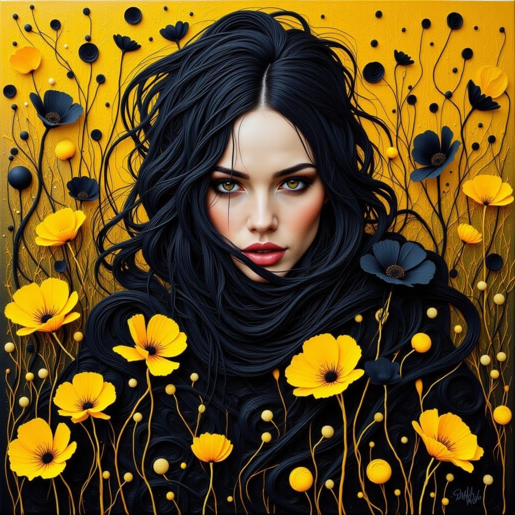 Surreal Woman in a Field of Golden Poppies