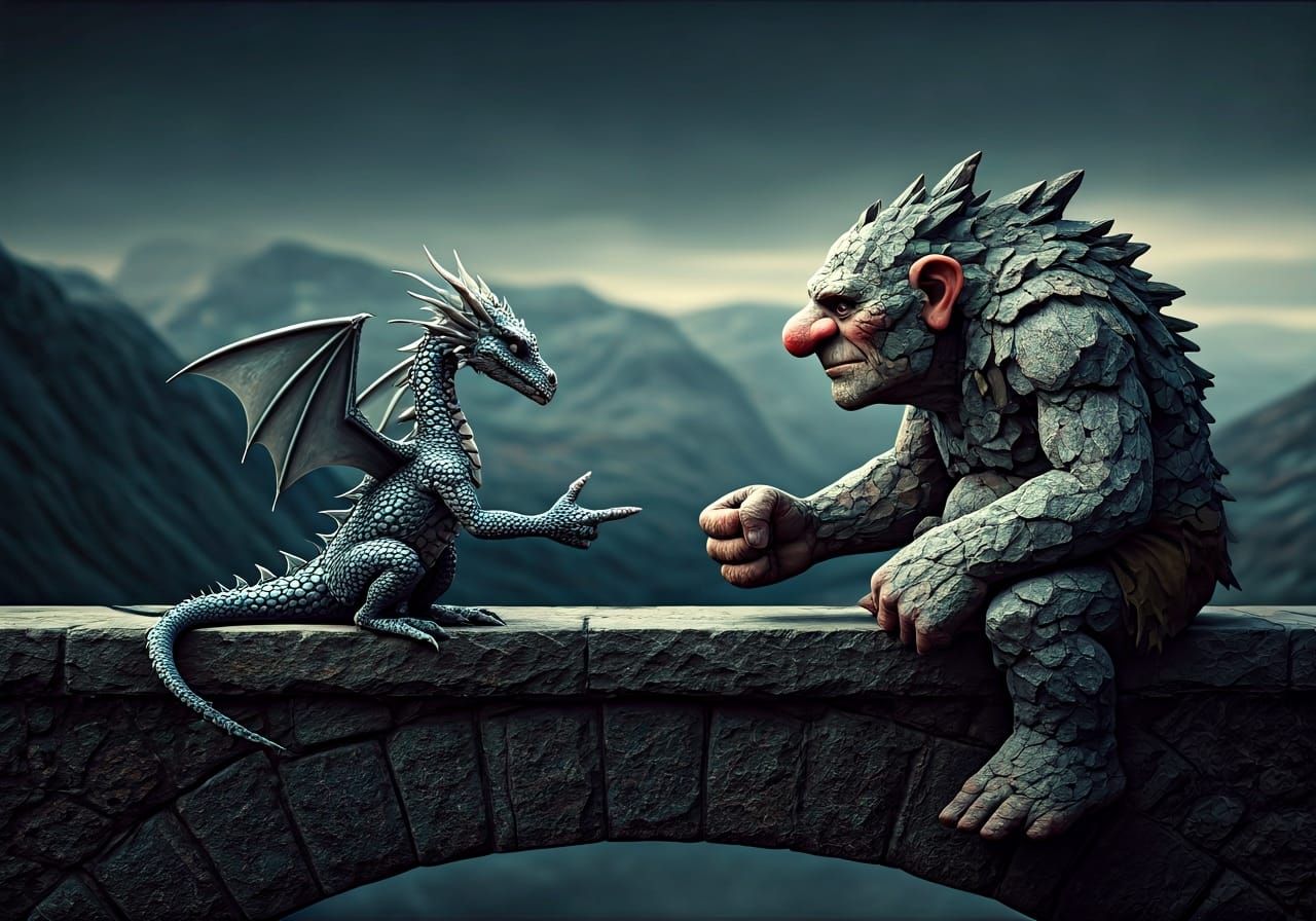 Dragon and Troll Play Rock-Paper-Scissors in Wilderness