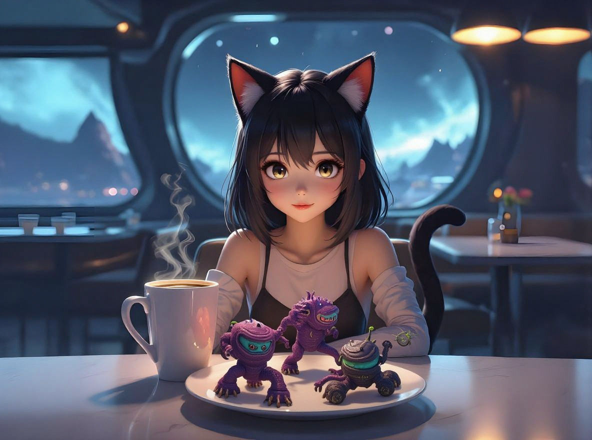 Anime Girl in Futuristic Alien Cafe with Donuts