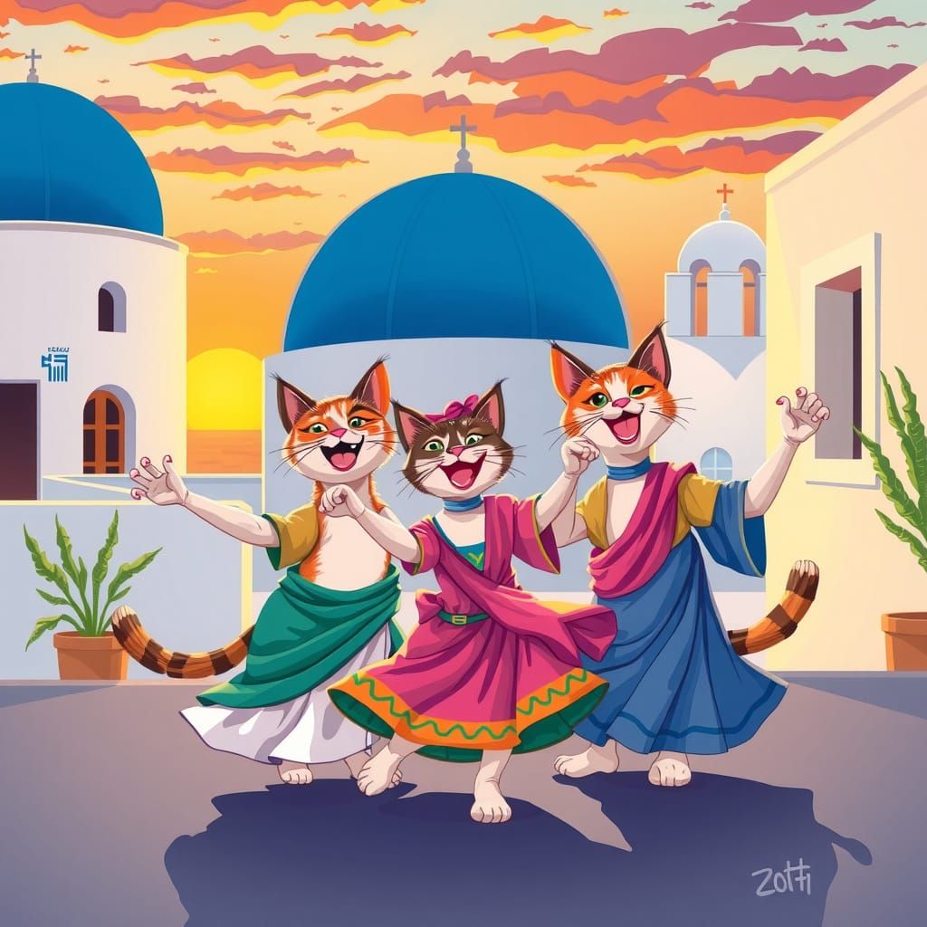 Whimsical Greek Cats Dancing the Zorba in Traditional Archit...