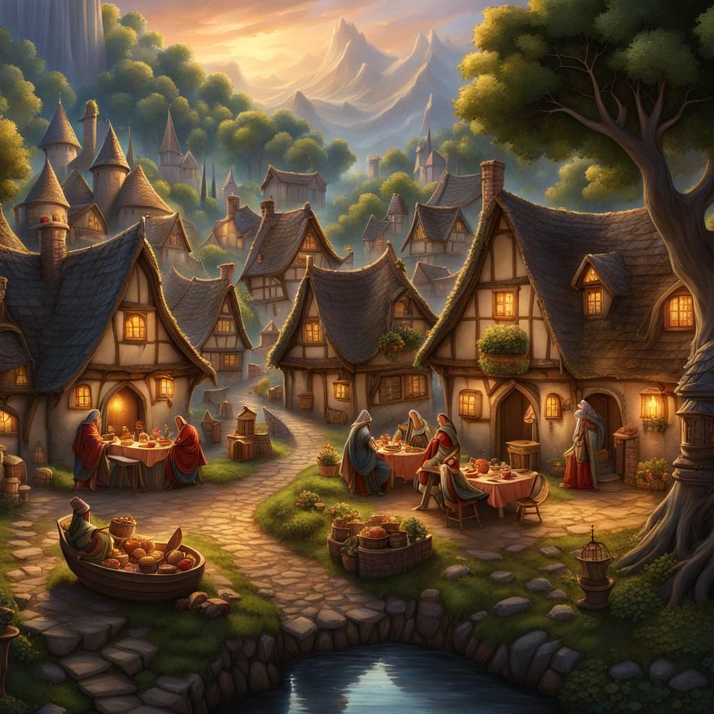 Medieval Village Feast in Fantasy Art Style