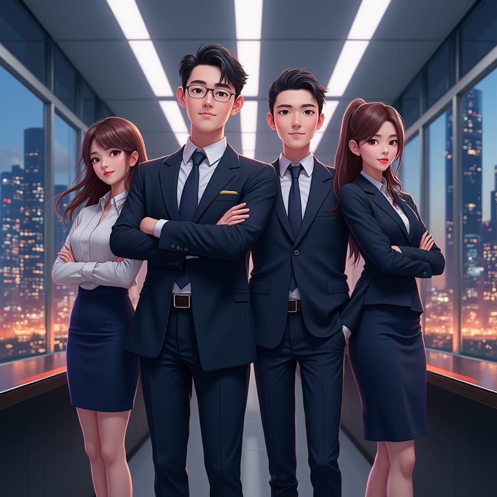 Sleek K-Drama CEO and Family in Modern Cityscape