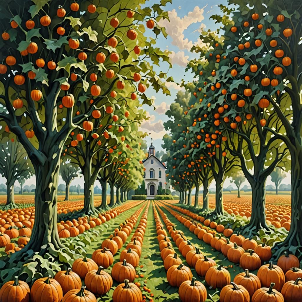Picturesque Pumpkin Field: Detailed Oil Painting
